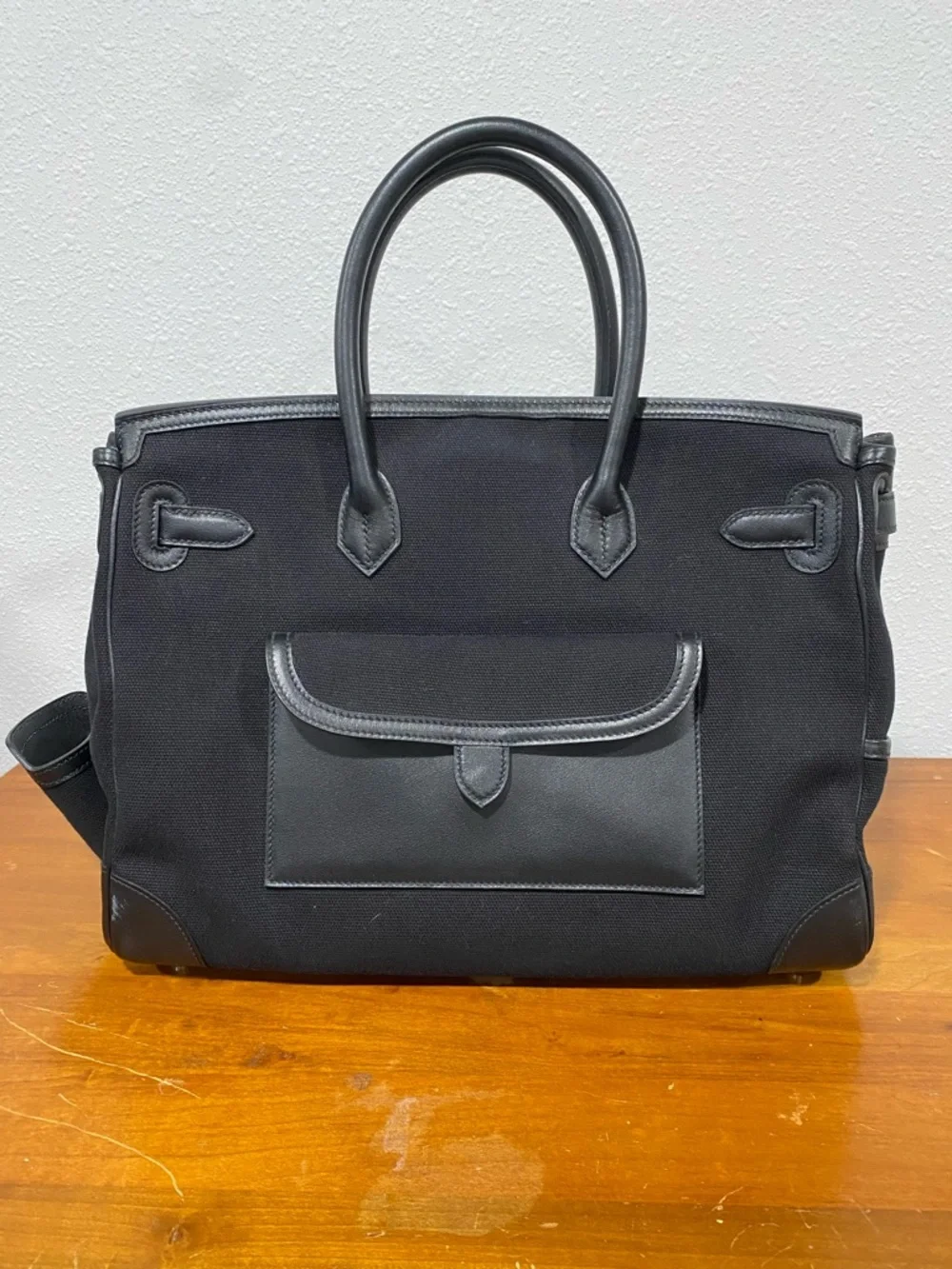 Black Leather-Trim Canvas Tote Bag with Silver Hardware - Picture 4 of 9